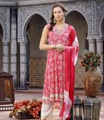 Pink printed & embroidered cotton anarkali kurta pant dupatta set