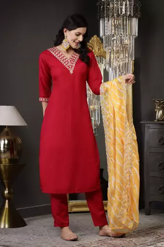 Pink lehariya print & embroidered muslin straight kurta pant dupatta set