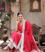 Pink solid & embroidered poly crepe a-line kurta pant dupatta set
