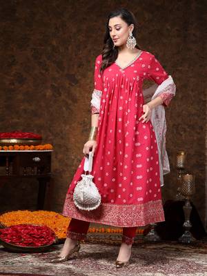 Pink printed & embroidered cotton anarkali kurta pant dupatta set 1
