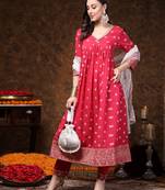 Pink printed & embroidered cotton anarkali kurta pant dupatta set