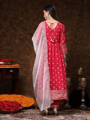 Pink printed & embroidered cotton anarkali kurta pant dupatta set 2