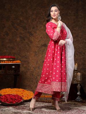 Pink printed & embroidered cotton anarkali kurta pant dupatta set 3