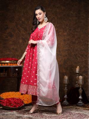Pink printed & embroidered cotton anarkali kurta pant dupatta set 5