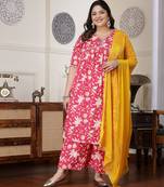 Pink plus size women floral printed cotton pleated kurta palazzo dupatta set