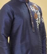 Mens Ethic Wear Blue Silk Embroidery Thread Placement Paisley Kurta And Peshawari Set 