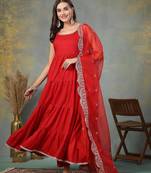 Red solid rayon tiered kurta pant dupatta set