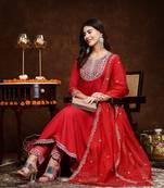 Red solid & embroidered rayon anarkali kurta pant dupatta set