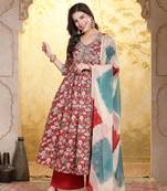 Red floral printed & embroidered rayon flared kurta palazzo dupatta set