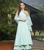 Sky blue solid & embellished rayon flared kurta palazzo dupatta set