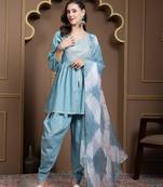 Aqua Solid & Embroidered Cotton Pleated Punjabi Salwar Suit