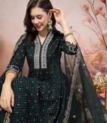 Teal teal bandhani printed & embroidered rayon flared kurta pant dupatta set