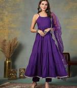 Violet solid rayon tiered kurta pant dupatta set