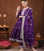 Violet ethnic motif khadi printed & embroidered rayon flared kurta pant dupatta set