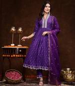 Violet bandhani printed & embroidered rayon flared kurta pant dupatta set