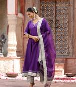 Violet solid rayon anarkali kurta pant & dupatta set