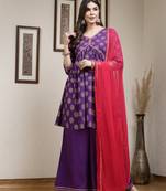 Violet ethnic motif printed rayon a-line kurta palazzo dupatta set