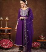 Violet solid & embroidered rayon anarkali kurta pant dupatta set