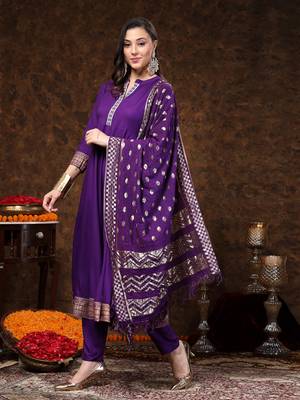 Violet solid & embroidered rayon anarkali kurta pant dupatta set 1