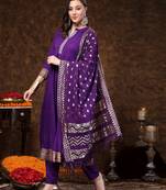Violet solid & embroidered rayon anarkali kurta pant dupatta set