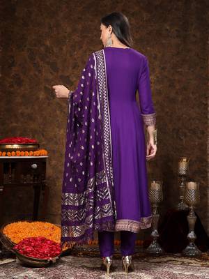 Violet solid & embroidered rayon anarkali kurta pant dupatta set 2
