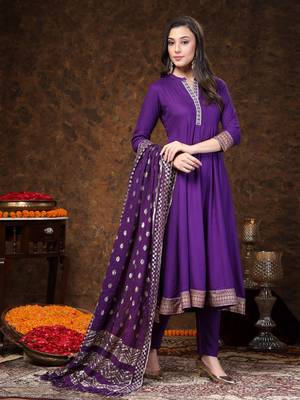Violet solid & embroidered rayon anarkali kurta pant dupatta set 3