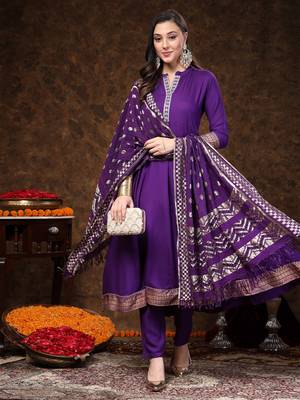 Violet solid & embroidered rayon anarkali kurta pant dupatta set 4