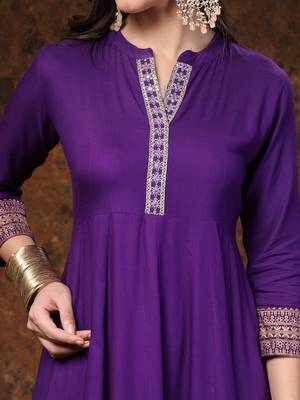Violet solid & embroidered rayon anarkali kurta pant dupatta set 5