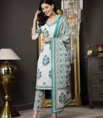 White ethnic motif printed cotton straight kurta pant dupatta set
