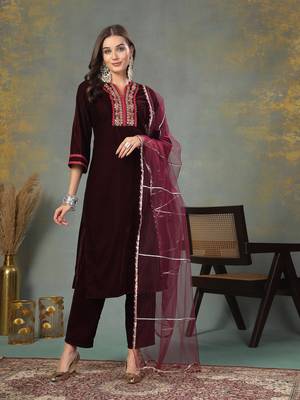 Wine solid & embroidered velvet straight kurta pant dupatta set 1