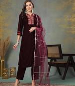 Wine solid & embroidered velvet straight kurta pant dupatta set