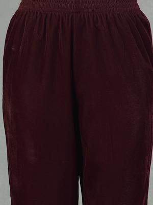 Wine solid & embroidered velvet straight kurta pant dupatta set 4