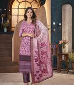 Wine tropical printed & embroidered cotton straight kurta pant dupatta set