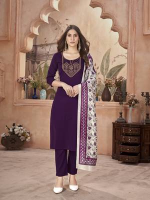 Wine violet solid & embroidered crepe straight kurta pant dupatta set 1