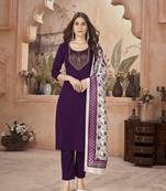 Wine violet solid & embroidered crepe straight kurta pant dupatta set