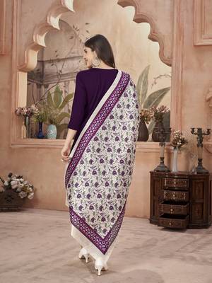 Wine violet solid & embroidered crepe straight kurta pant dupatta set 2