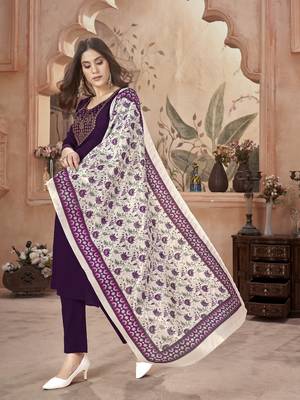 Wine violet solid & embroidered crepe straight kurta pant dupatta set 3