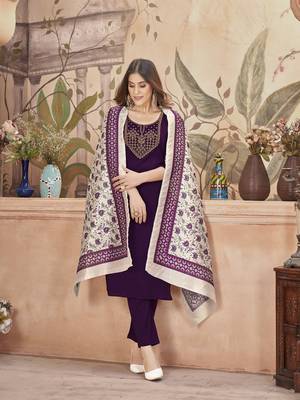 Wine violet solid & embroidered crepe straight kurta pant dupatta set 5