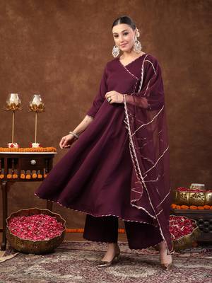Wine wine solid italian crush anarkali kurta pant dupatta set 1