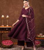 Wine wine solid italian crush anarkali kurta pant dupatta set