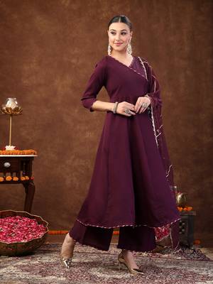 Wine wine solid italian crush anarkali kurta pant dupatta set 3
