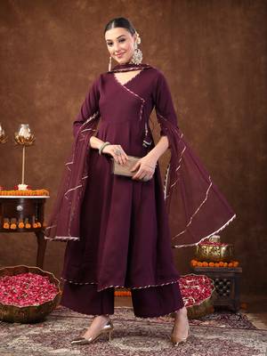 Wine wine solid italian crush anarkali kurta pant dupatta set 5