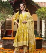 Yellow floral printed cotton anarkali kurta pant dupatta set