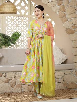 Yellow floral printed & embroidered rayon alia cut kurta pant dupatta set 1