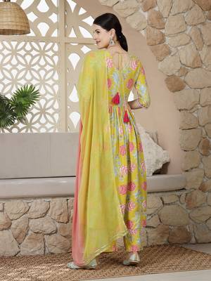 Yellow floral printed & embroidered rayon alia cut kurta pant dupatta set 2