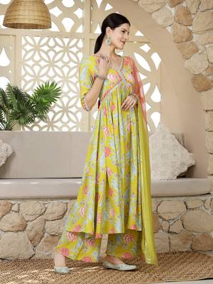 Yellow floral printed & embroidered rayon alia cut kurta pant dupatta set 3