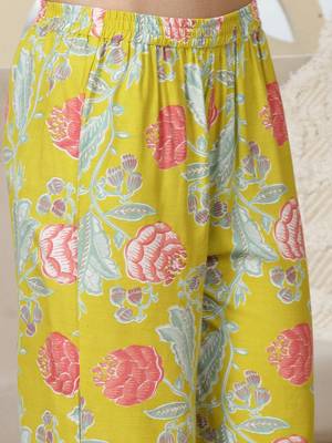 Yellow floral printed & embroidered rayon alia cut kurta pant dupatta set 4
