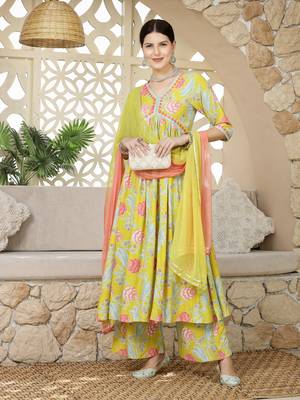 Yellow floral printed & embroidered rayon alia cut kurta pant dupatta set 5