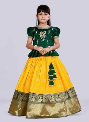 Girl's Silk Blend Yellow Green Readymade Lehenga Choli 1