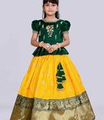 Girl's Silk Blend Yellow Green Readymade Lehenga Choli